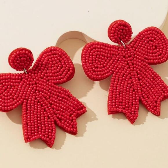 Red Seed Bead Bow Earrings - Picture 1 of 1